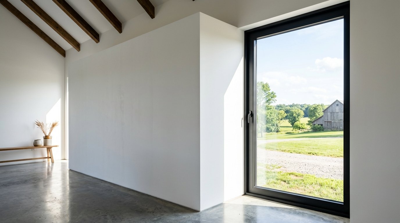 A bright, empty room with a polished concrete floor and a large window looking out to a green field and wooden barn.