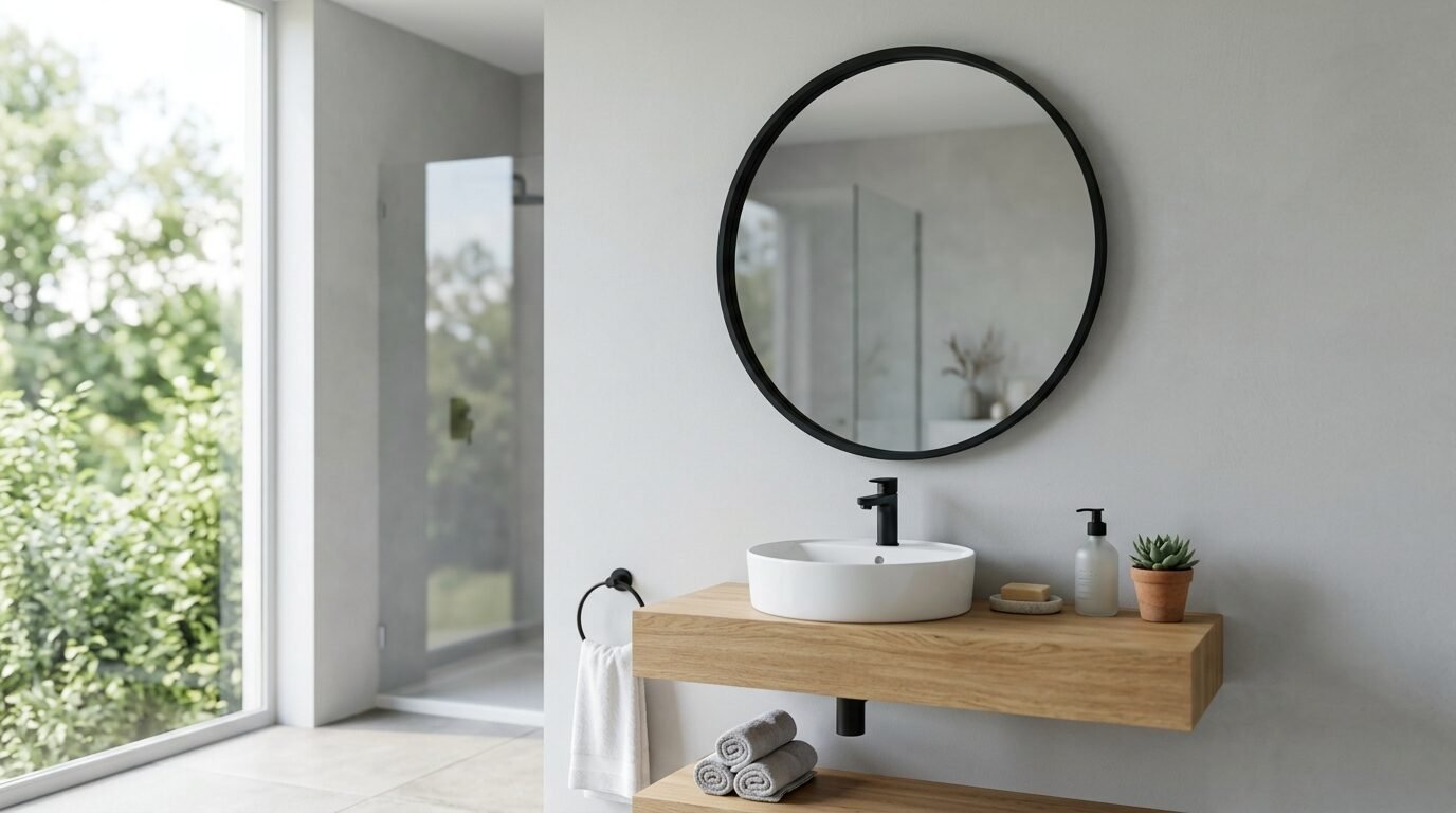 Round black mirror over a white vessel sink on a wall-mounted wood vanity.