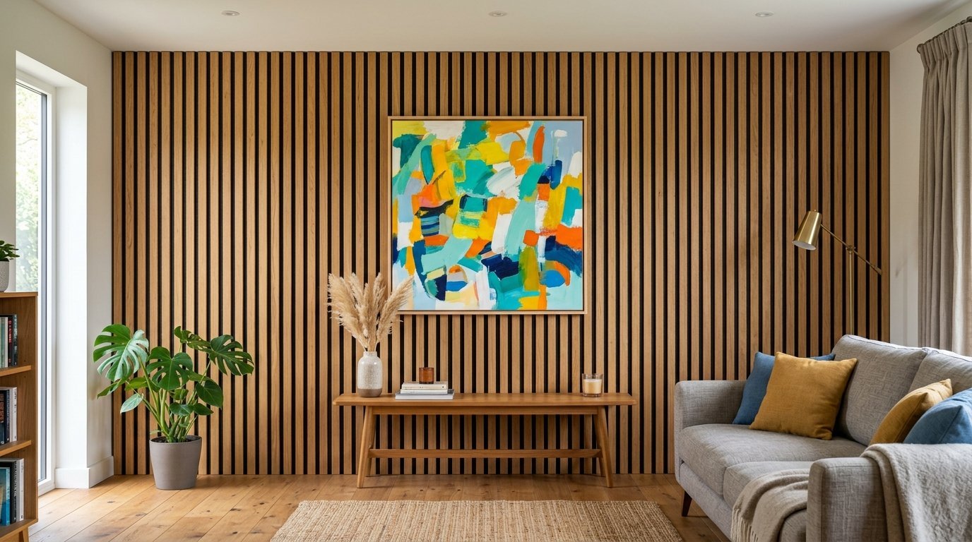 Living room featuring a slatted timber wall, a colorful abstract painting, a wooden bench, and a grey sofa.