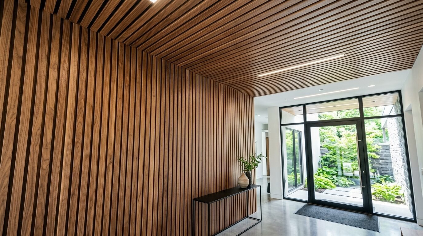 A modern foyer with vertical walnut wood slats covering the walls and ceiling, leading to a glass entrance door.