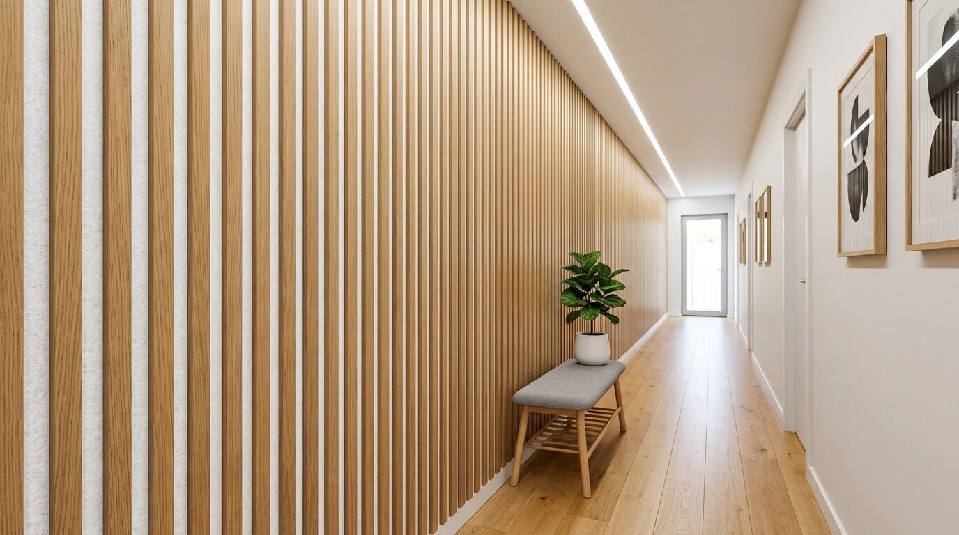 A long corridor with a vertical wood slatted wall, a grey upholstered bench with a houseplant, and framed wall art.