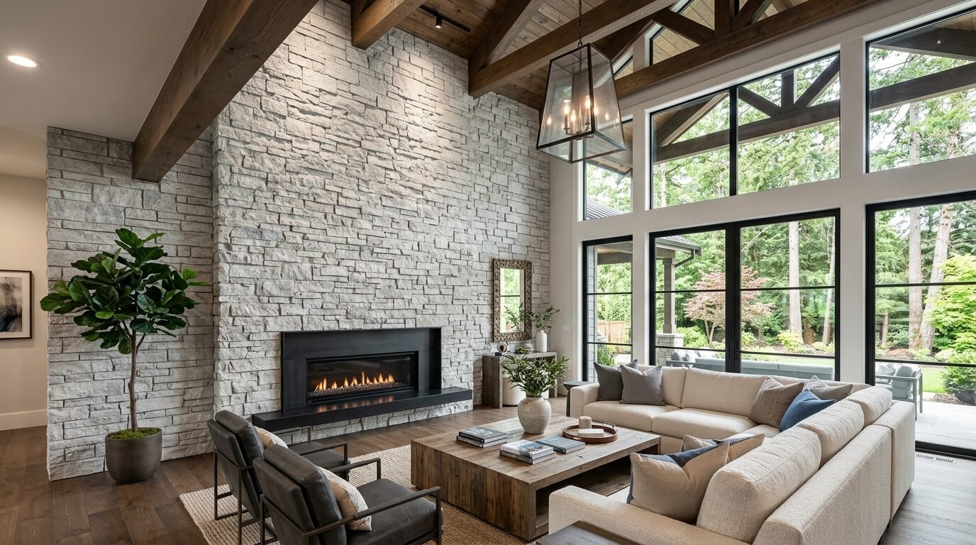 Bright living room featuring a tall grey stone fireplace, wood beams, and large windows looking out to the forest.