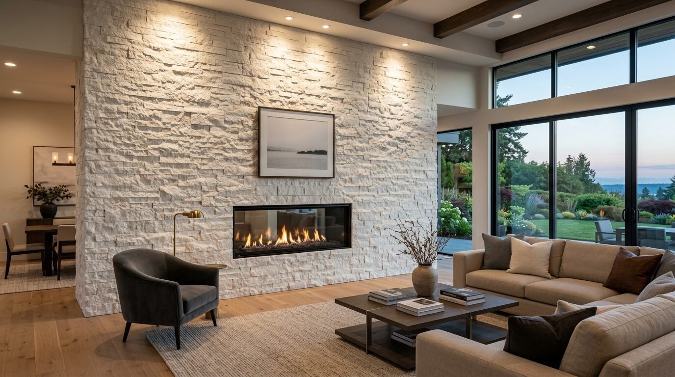 A beige sectional sofa and grey armchair face a white stacked stone fireplace with a framed print above.