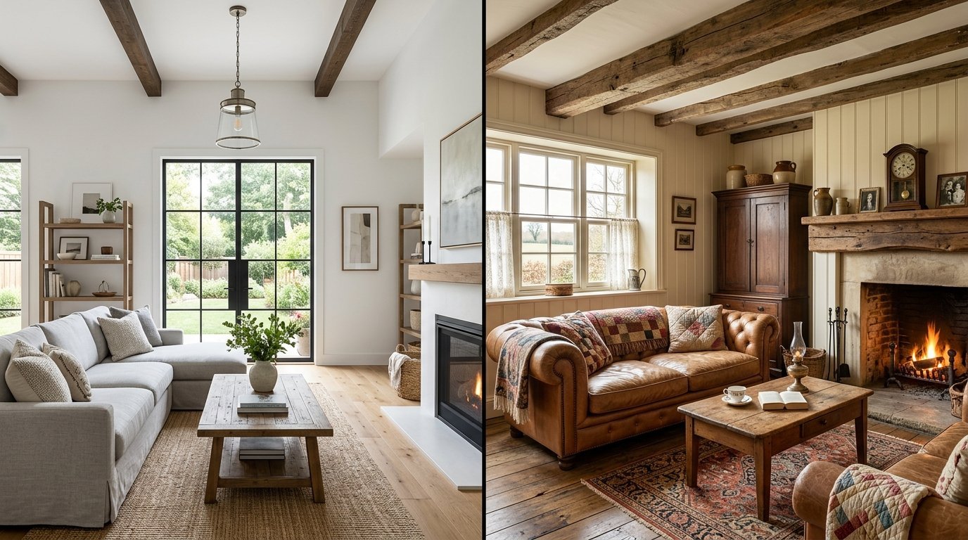 Split view showing a bright modern white living room next to a cozy, traditional farmhouse living room with a fireplace.