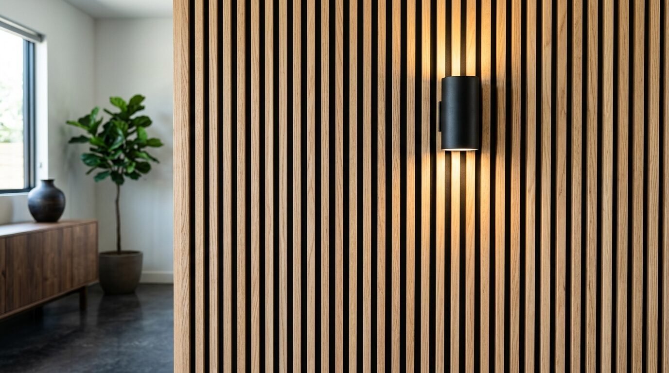 A cylindrical wall lamp casts warm light over a textured wooden panel wall in a minimalist room.