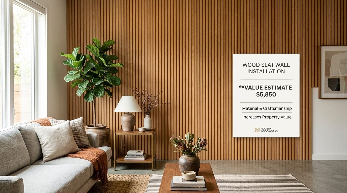 Interior shot of a living room with natural wood slat wall accents, a grey sofa, and a pricing estimate overlay.
