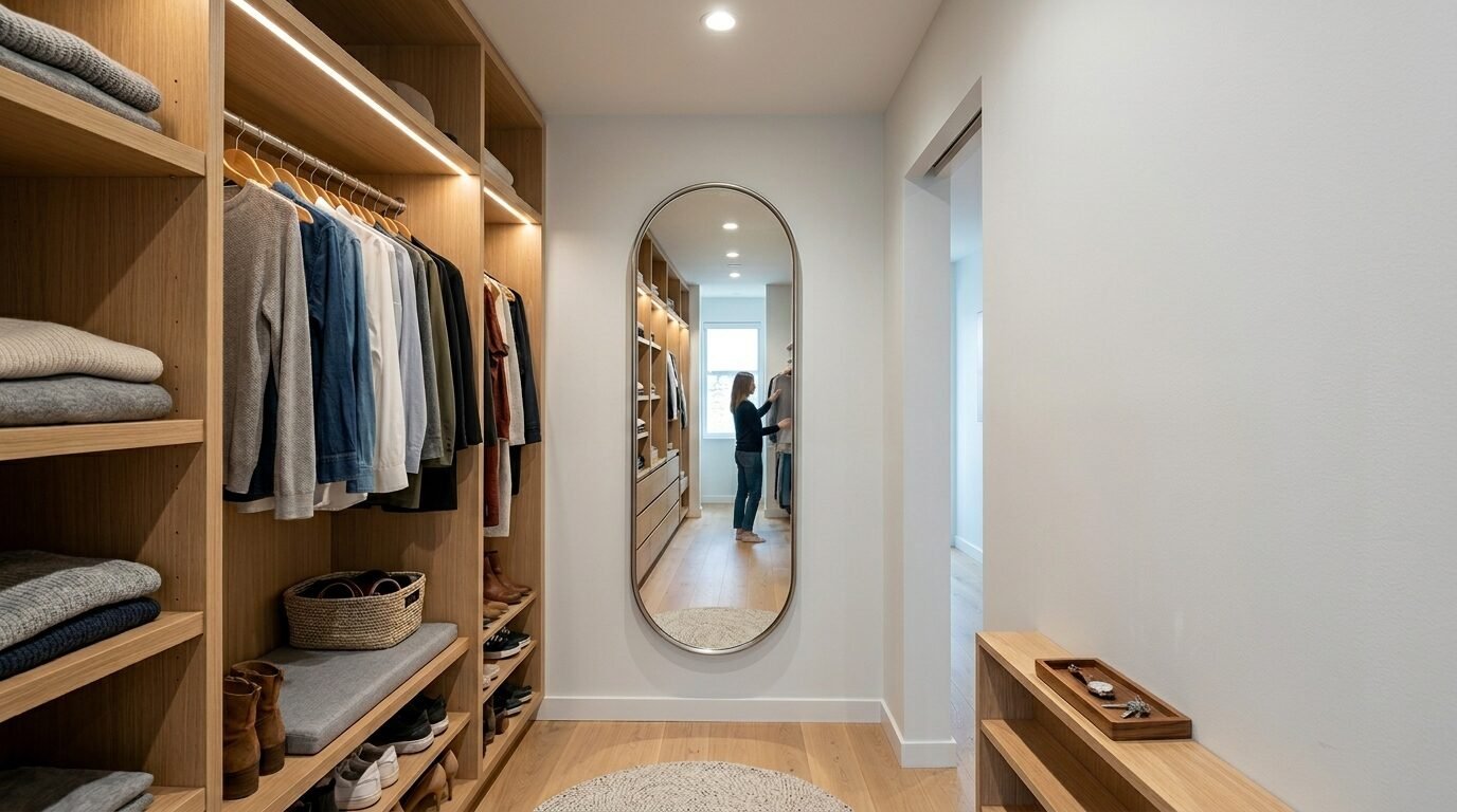 Reflective oval wall mirror showing a woman picking clothes in a custom-built wooden walk-in wardrobe.
