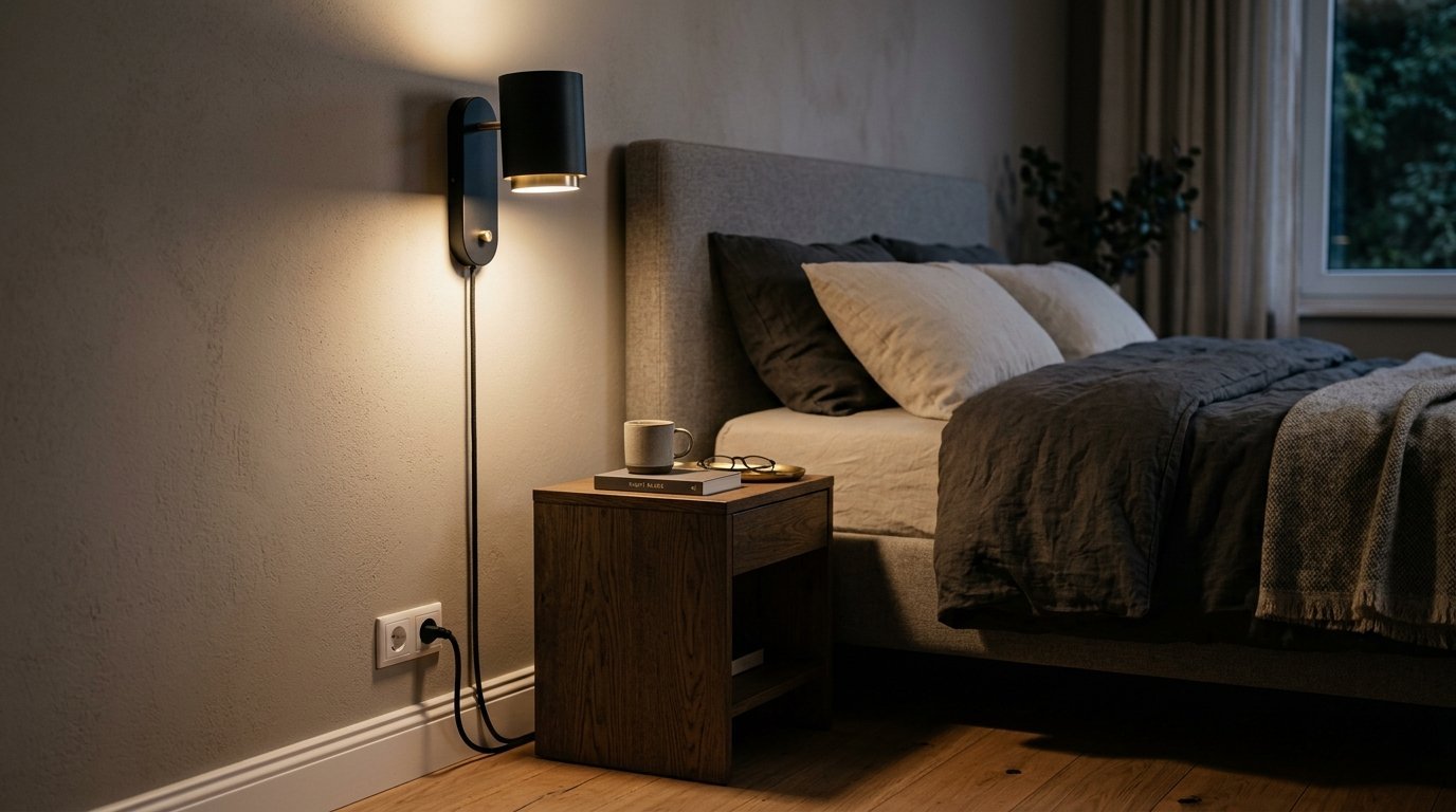 Modern plug-in wall sconce mounted above a wooden nightstand next to a neatly made cozy bed.