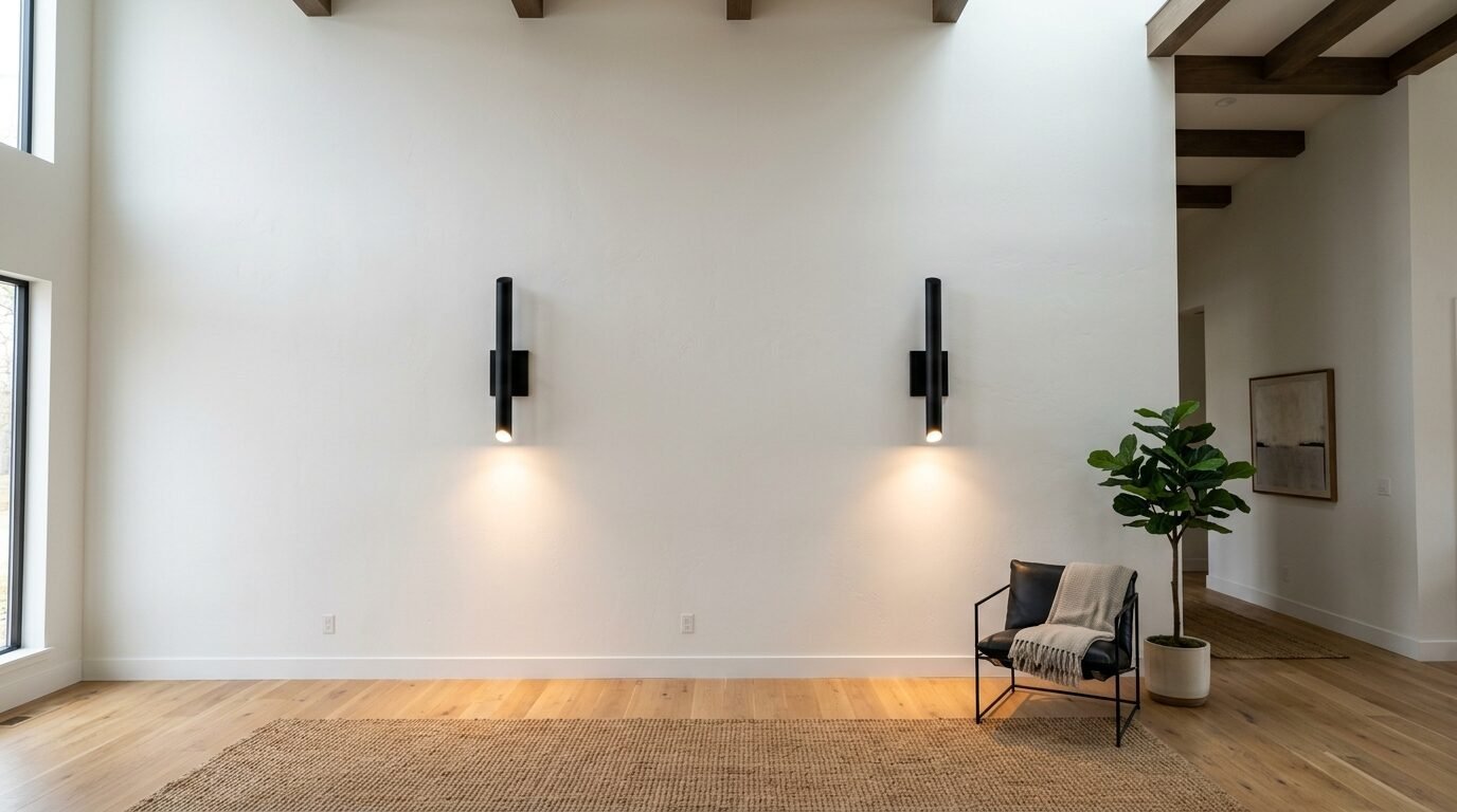 A black leather armchair with a throw blanket sits next to a potted plant against a white wall with two black sconces.