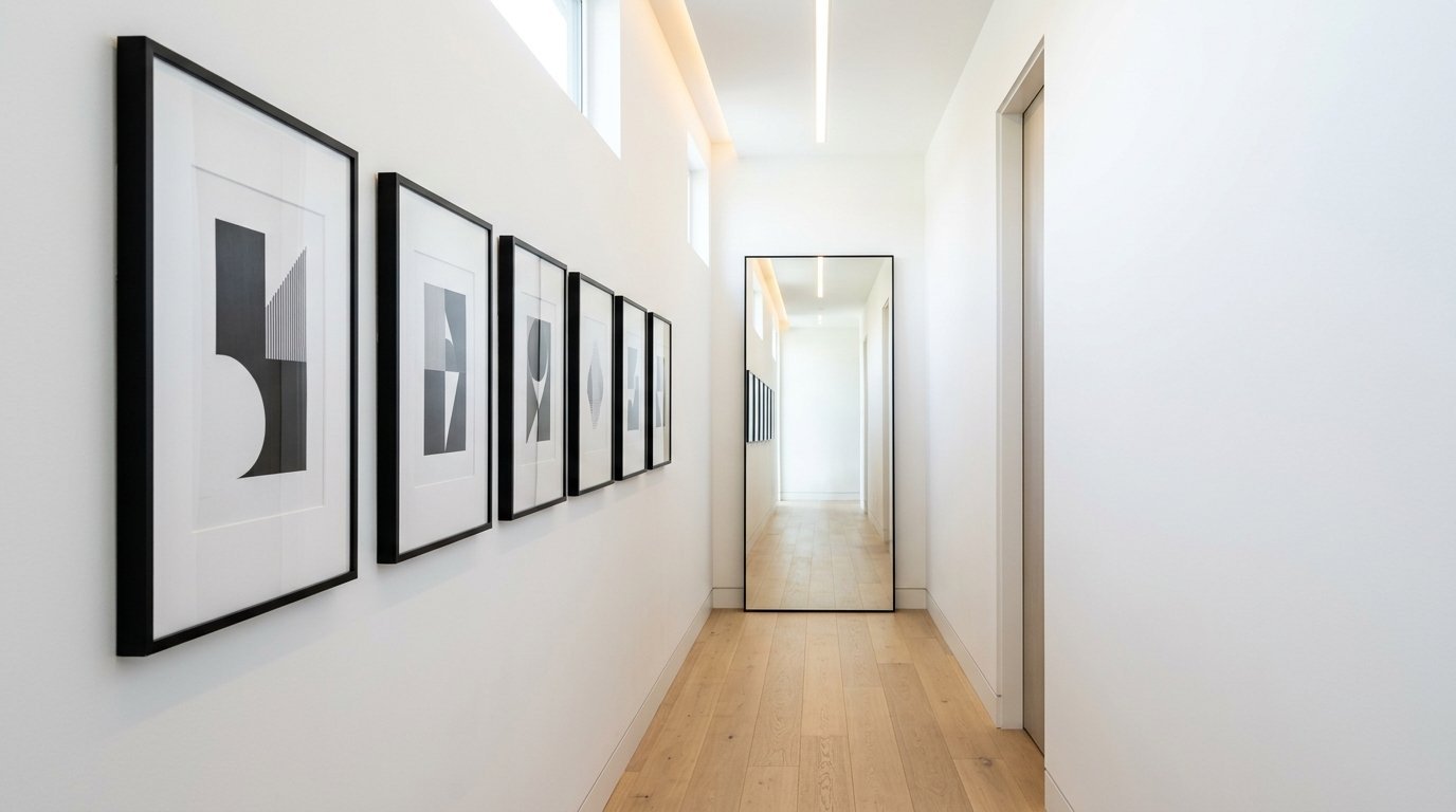 A narrow white corridor with wooden floors, black framed abstract wall art, and a large floor-length leaning mirror.
