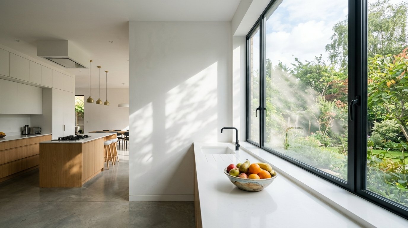 Contemporary kitchen with white countertops, wooden island, and large window looking out onto a lush green garden.