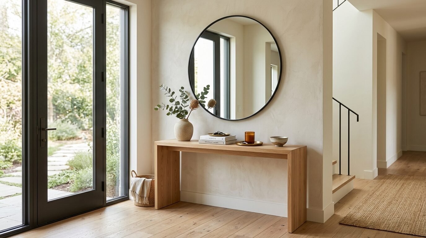 Wooden entryway table with a round black-framed mirror, vase, and books in a sunlight-filled home hallway.