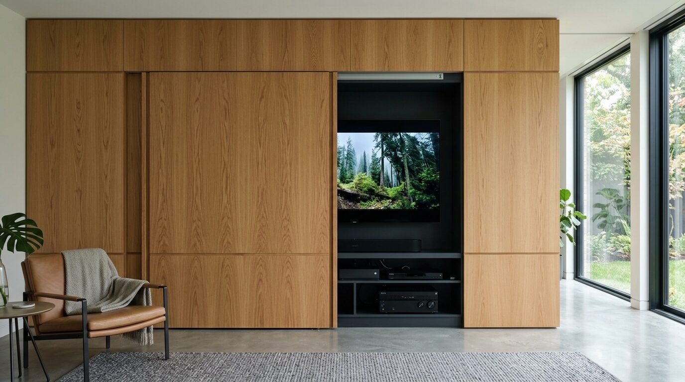 A wooden storage wall with sliding doors enclosing a television and audio equipment in a bright modern home.