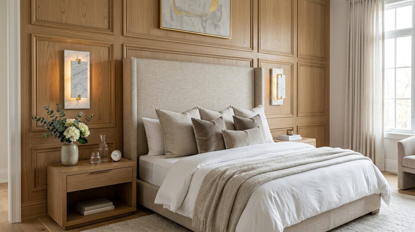 A bedroom with light wood wall paneling, a beige upholstered headboard, and marble wall sconces.
