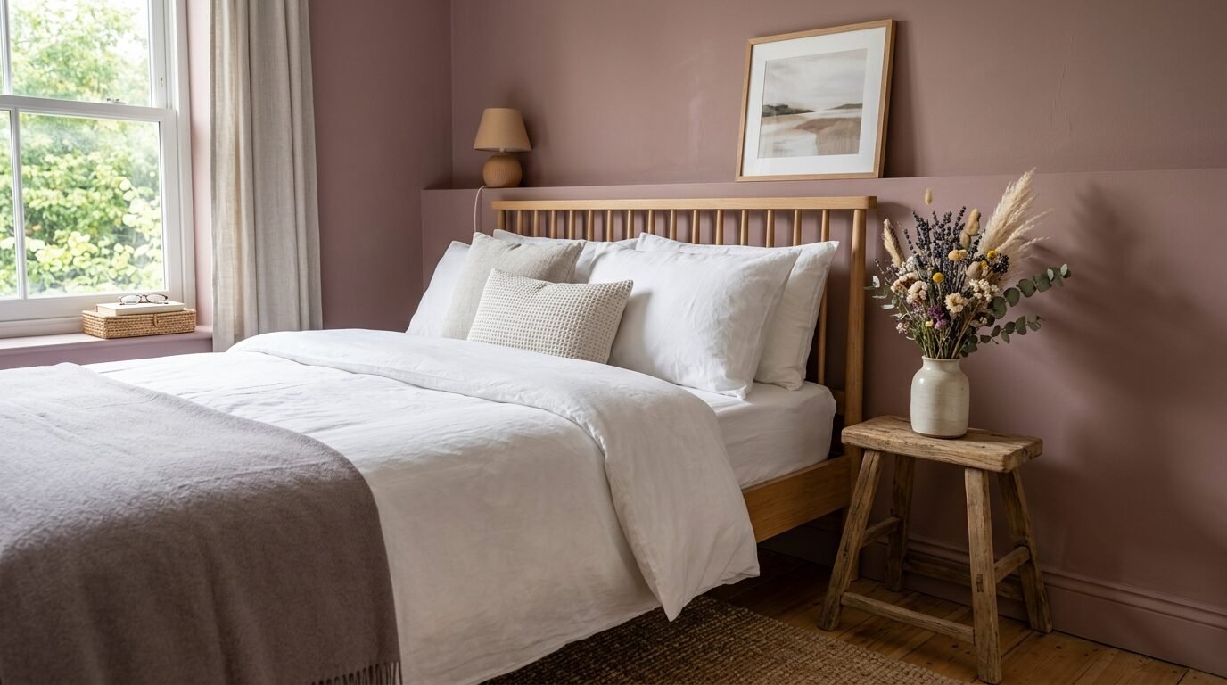 A wooden spindle bed with white linen bedding and a dried flower bouquet on a rustic stool in a pink painted room.
