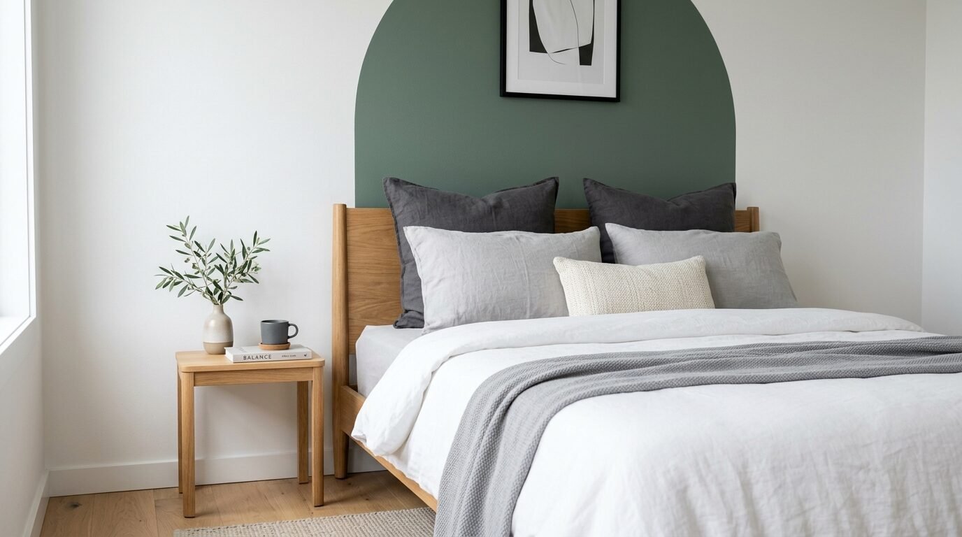 A wooden bed with grey linen pillows sits in front of a wall painted with a large dark green arch design.