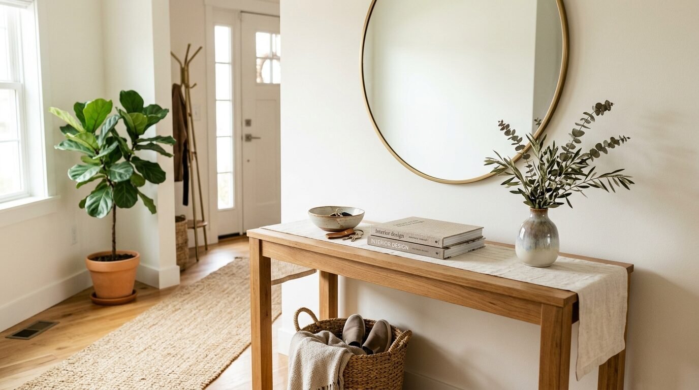 A hallway with a wood table, books, ceramic bowl, and a round wall mirror.
