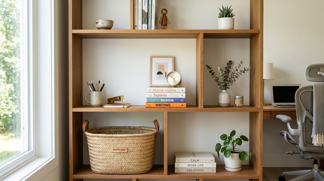 A natural wood shelving unit with books, a wicker storage basket, potted plants, and office supplies next to a desk.