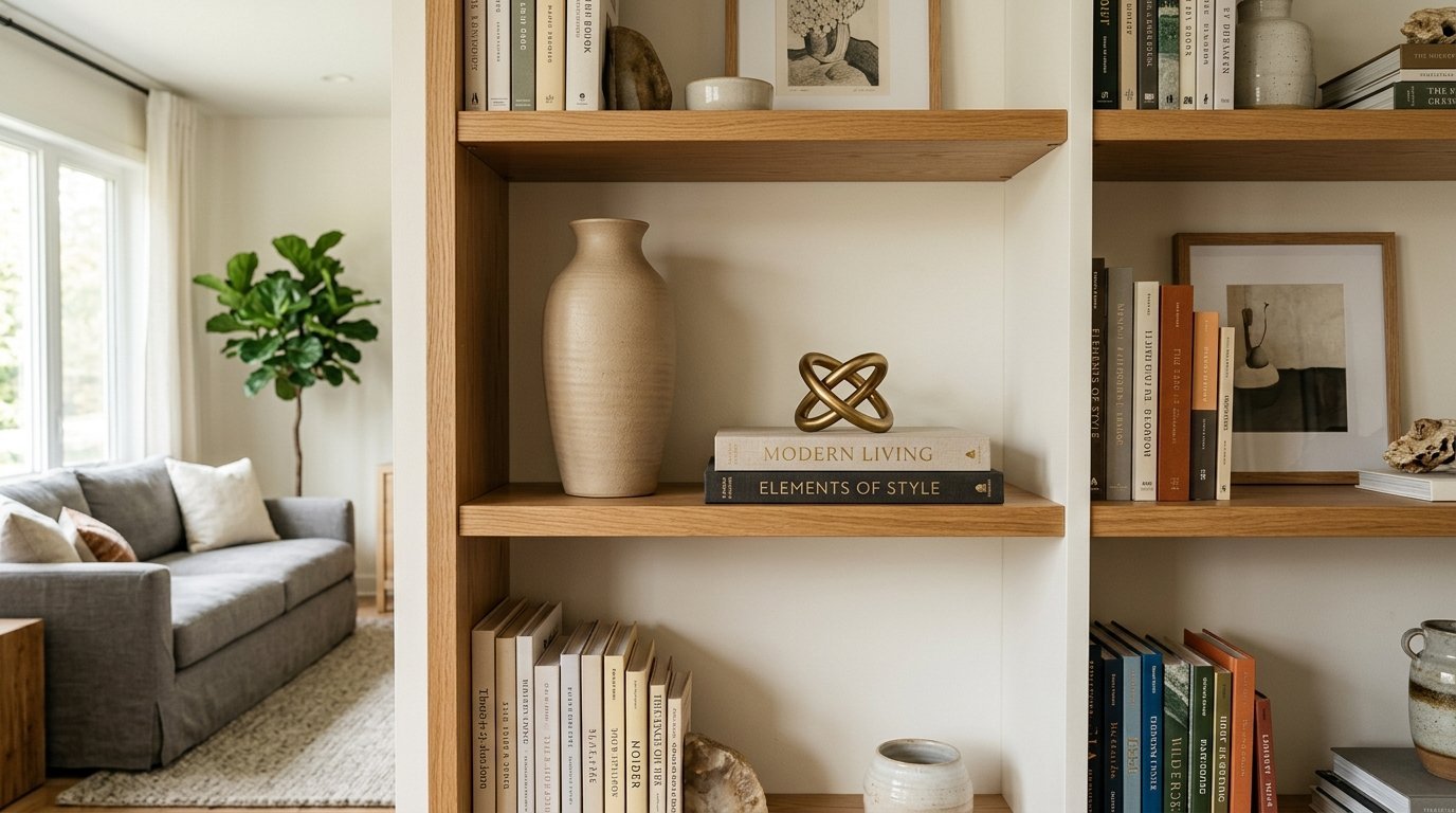 Close up of a wooden bookshelf with home decor, books, and a blurred living room scene in the background.