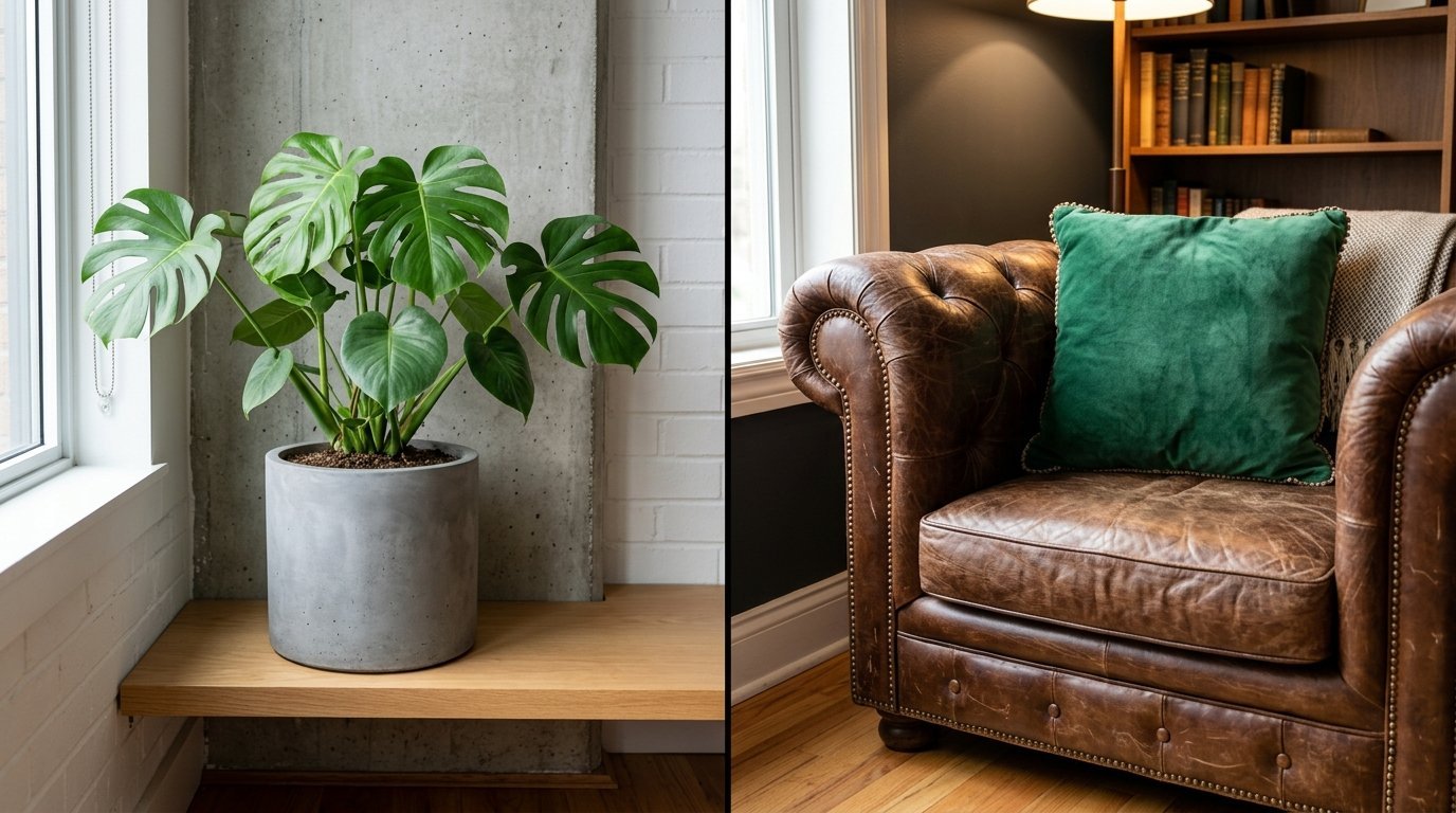 Split frame showing a potted monstera plant on a wooden shelf next to a brown leather armchair with a green pillow.