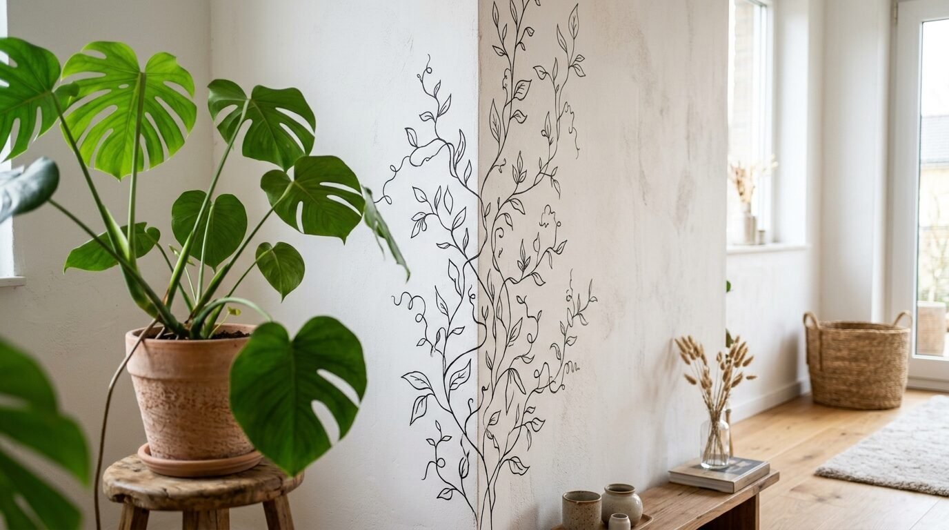 A line art vine decal on a white corner wall next to a large monstera plant in a terracotta pot.