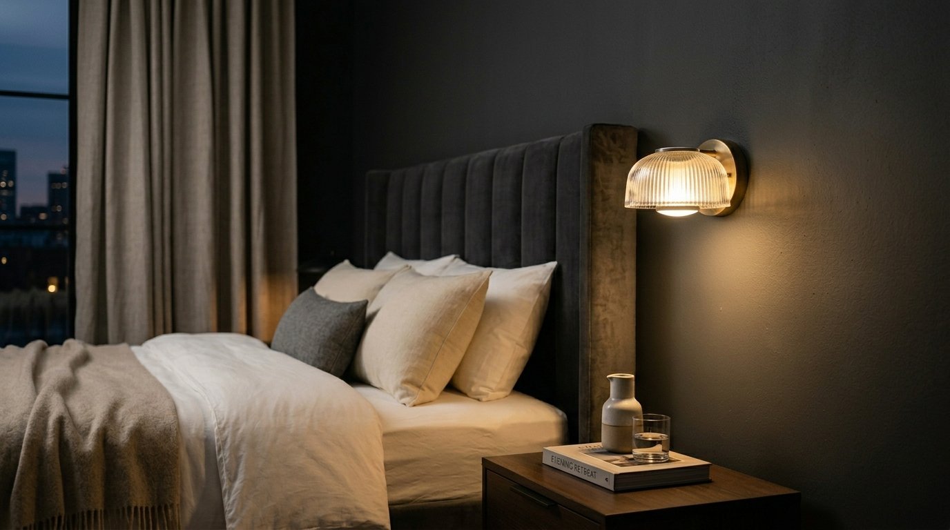 Close-up of a glowing glass wall lamp mounted above a bedside table in a sophisticated, dimly lit bedroom.