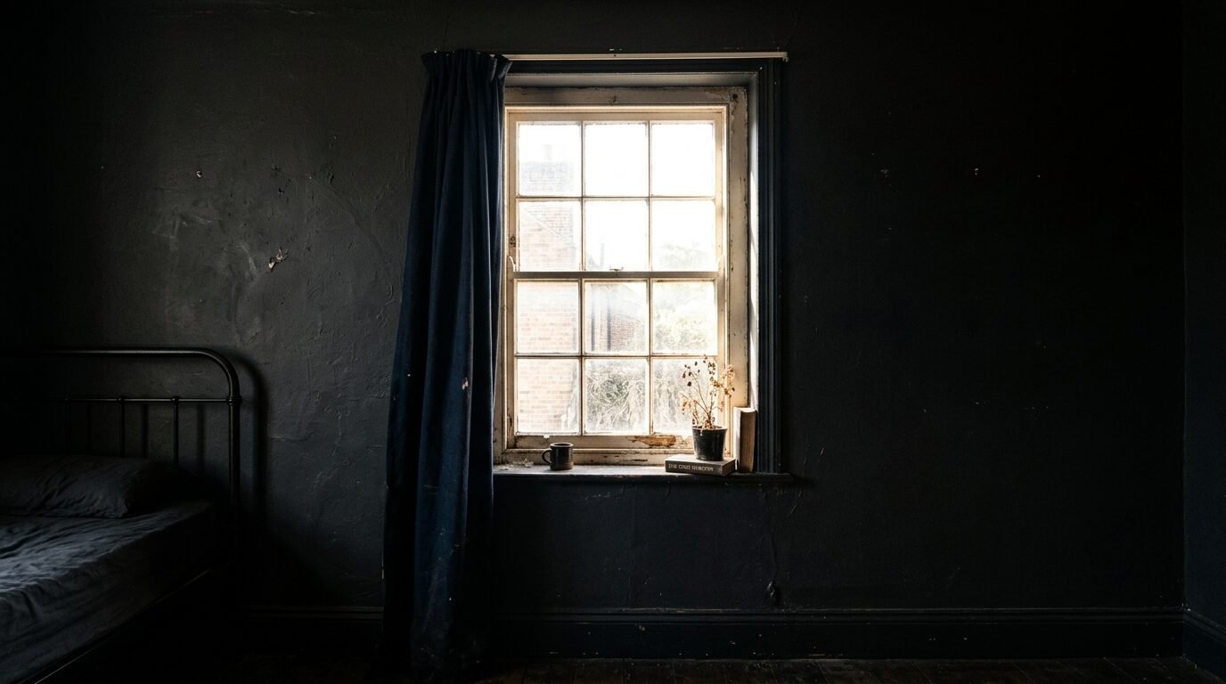 View of a sunlit window sill with a small potted plant inside a room with black walls and a metal bed frame.