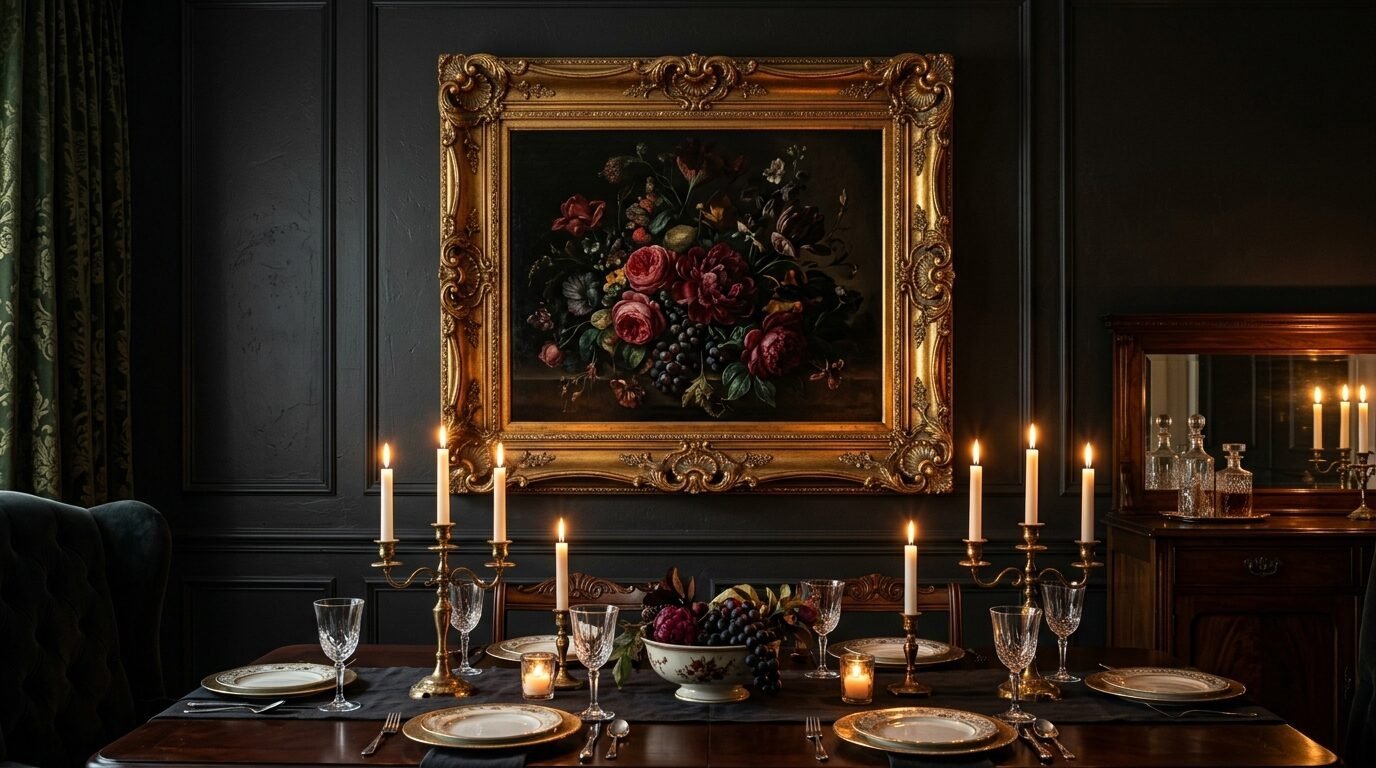 A formal dining room with a dark wall, a large ornate gold-framed floral painting, and glowing candles on the table.