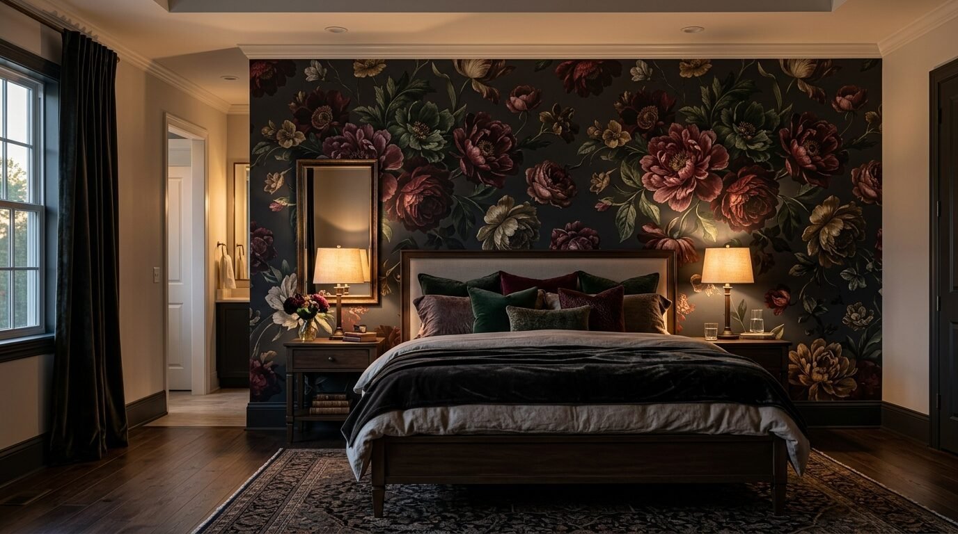 King-size bed with dark bedding centered against an accent wall covered in large-scale moody floral wallpaper.