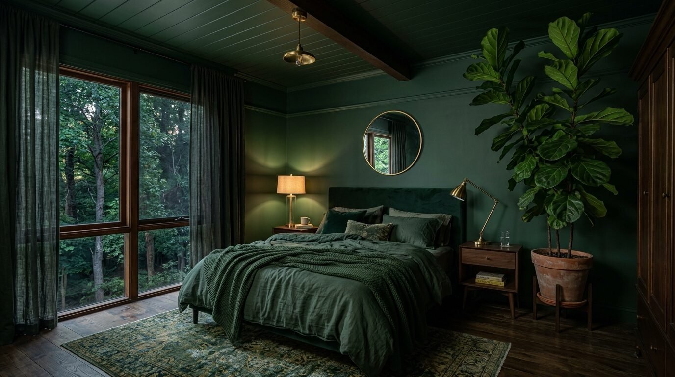 Cozy bedroom with deep green walls, large fiddle leaf fig plant, and a bed adorned with textured forest-toned bedding.