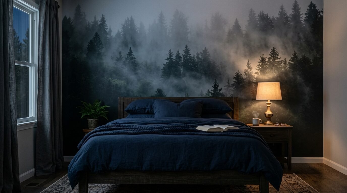 A rustic bedroom with dark blue bedding and a wall mural showing a misty evergreen forest at night with a bedside lamp.