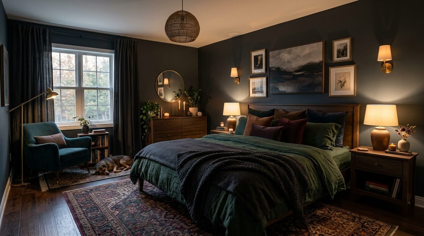 A dimly lit master bedroom with a large bed, velvet armchair, sleeping dog, and eclectic wall art.
