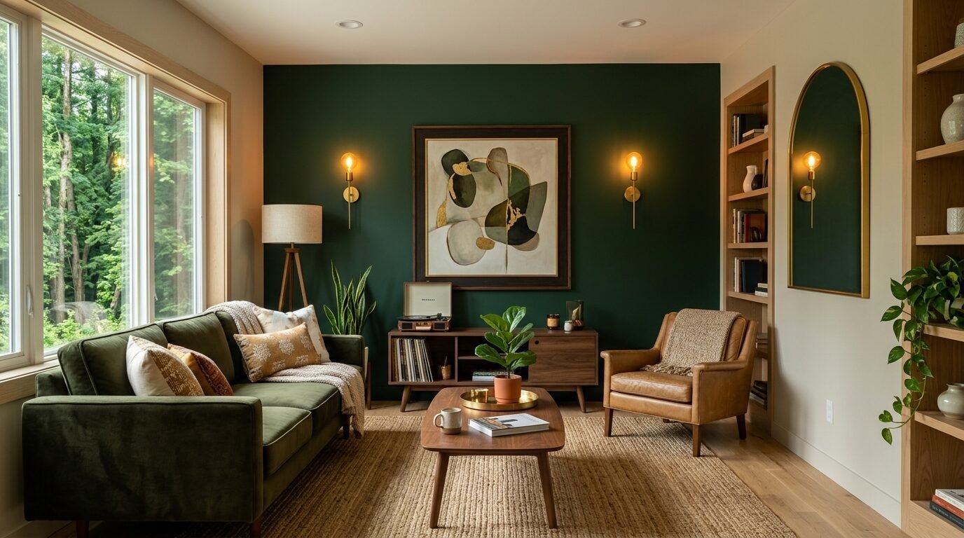 Modern living room featuring a green sofa, leather chair, jute rug, and a dark accent wall with abstract wall art.