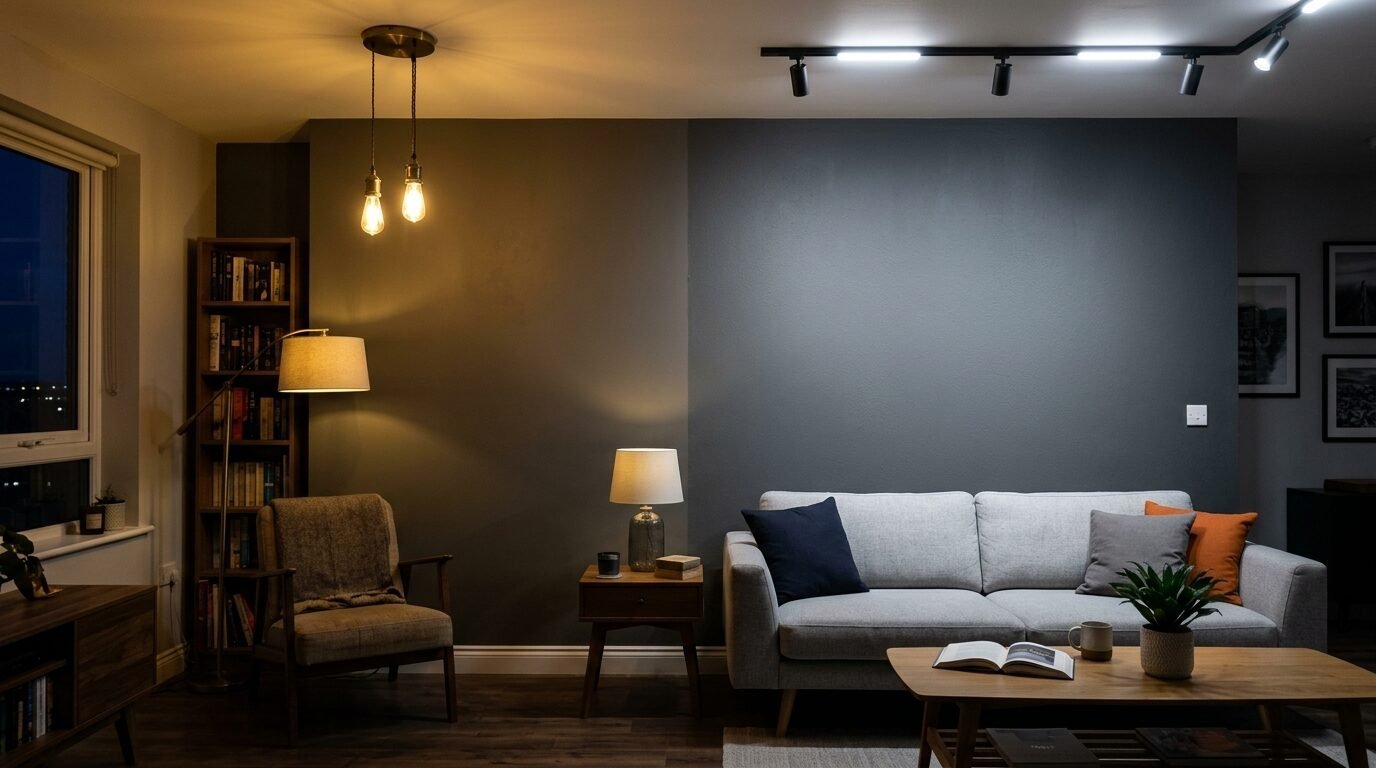 A modern sofa and armchair in a living room with dark grey accent walls and track lighting.
