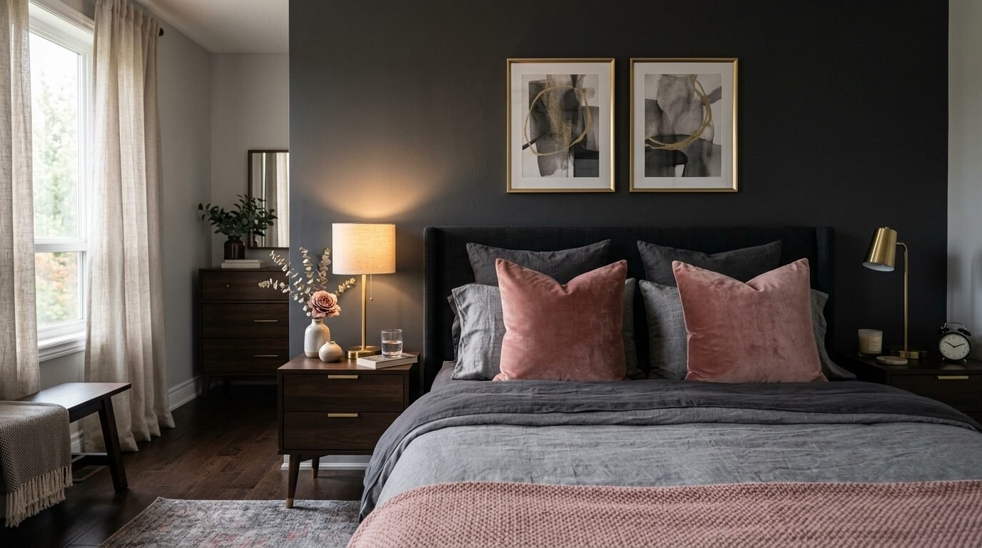 A cozy bedroom with a dark grey accent wall, linen bedding, and velvet blush pillows.
