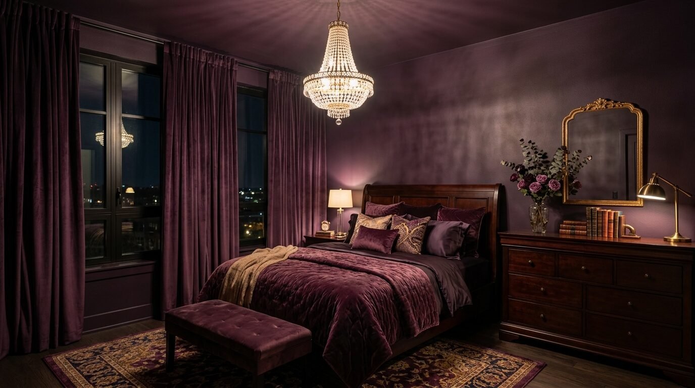 A luxurious bedroom with purple walls, velvet curtains, a large chandelier, and a classic wooden bed frame.