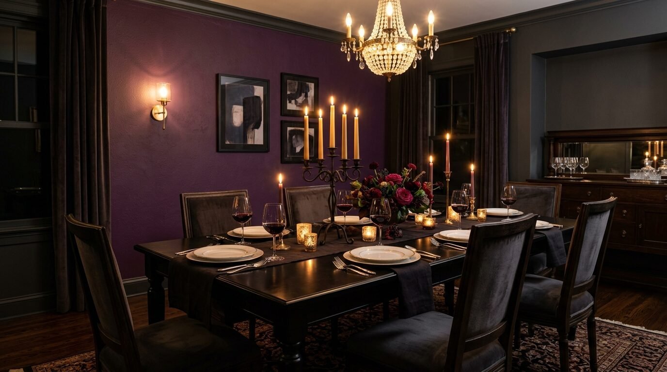 A formal dining table set with candles and red wine in a room with deep purple walls and a crystal chandelier.