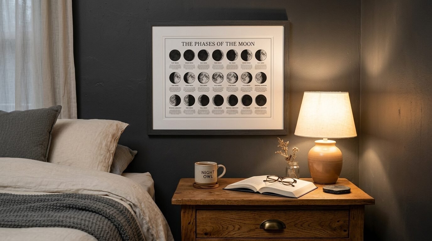 A poster of moon phases above a nightstand with a lamp, open book, and Night Owl mug in a cozy bedroom.