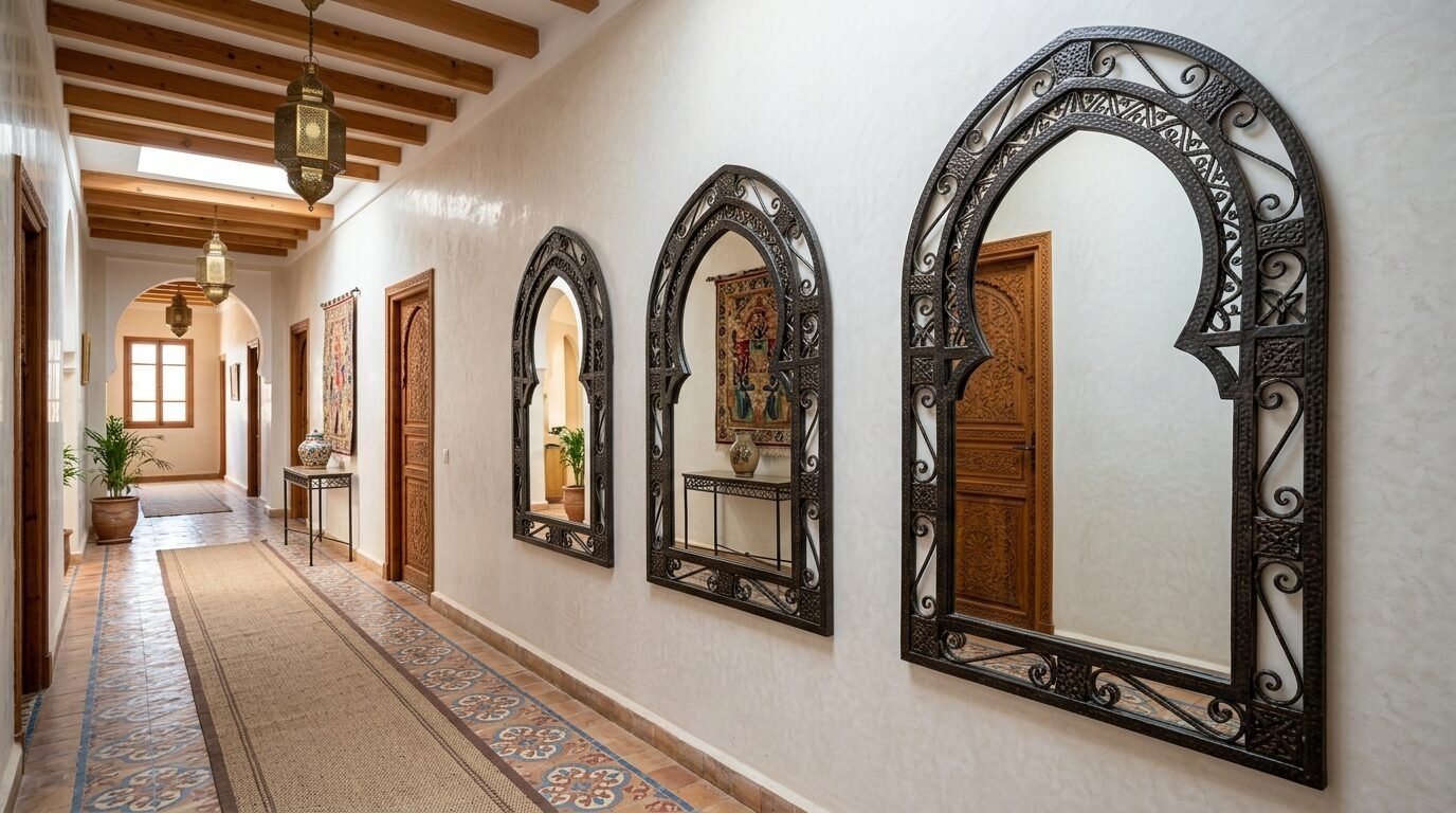 Three ornate black metal arched mirrors hanging on a white wall in a long tiled corridor.