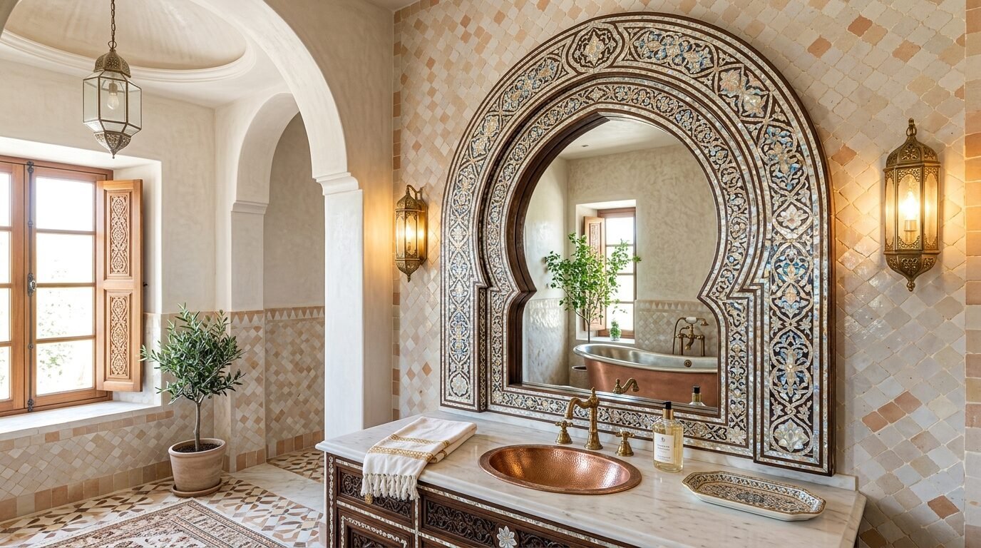 Luxurious bathroom with intricate mosaic mirror, copper vessel sink, and beige zellige wall tiles.