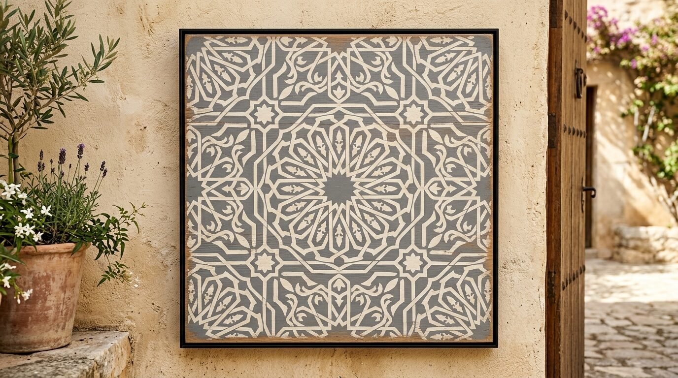 A grey and white square decorative panel with a repeating star and knot motif mounted on a stucco outdoor wall.