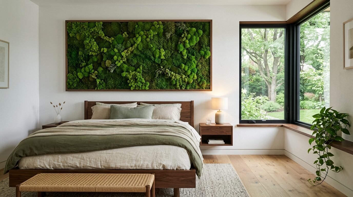 A bedroom features a large preserved moss wall installation hanging over a walnut bed with sage green bedding.