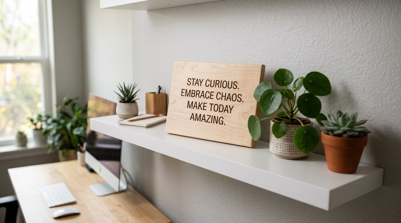 Wooden plaque with inspirational text surrounded by potted succulents on a minimalist floating office shelf.
