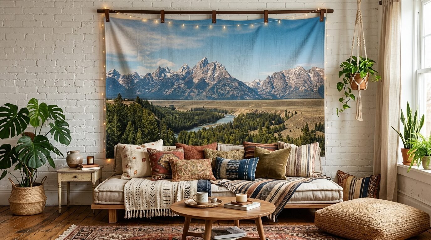 A textile wall hanging of snowy Tetons peaks above a beige sofa with patterned throw pillows in a white brick room.