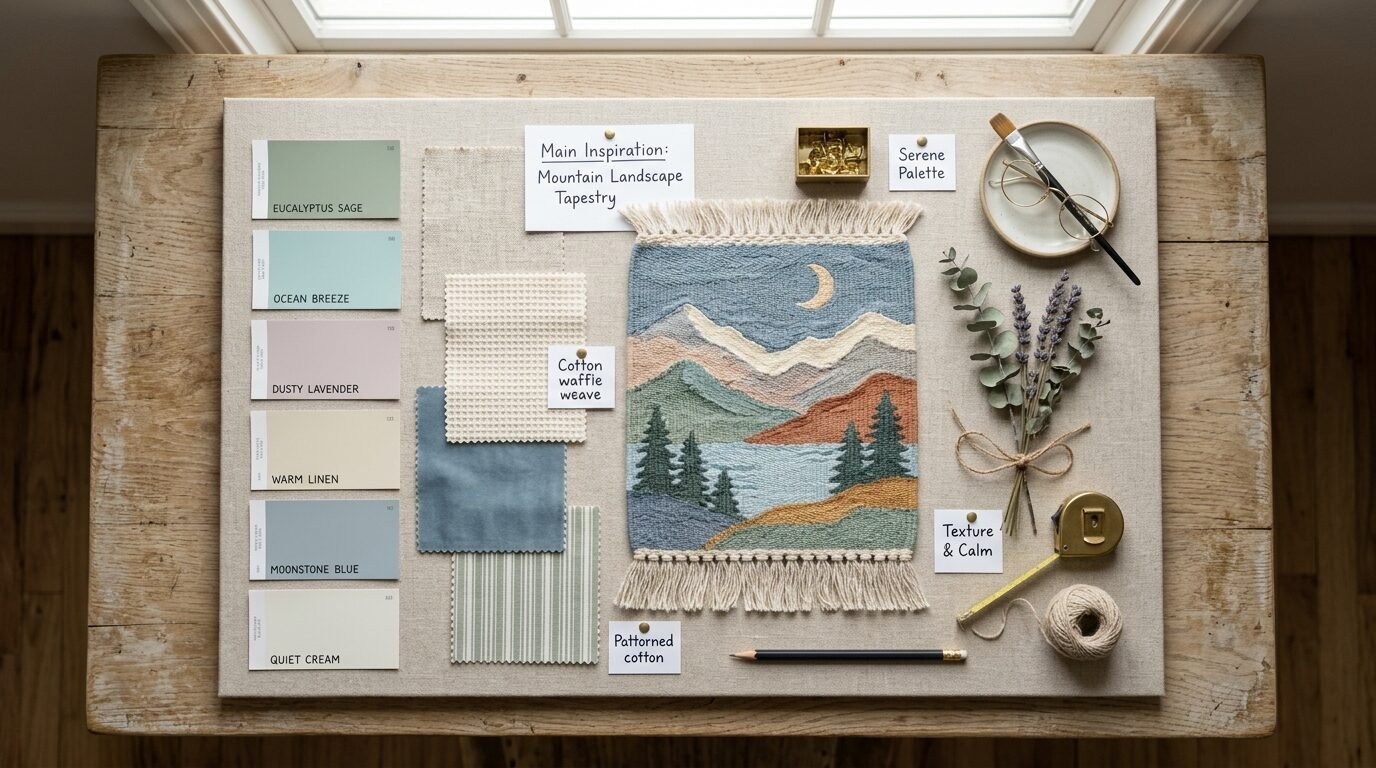 A design moodboard on a board showing fabric swatches, paint chips, and a woven tapestry of a landscape with a moon.