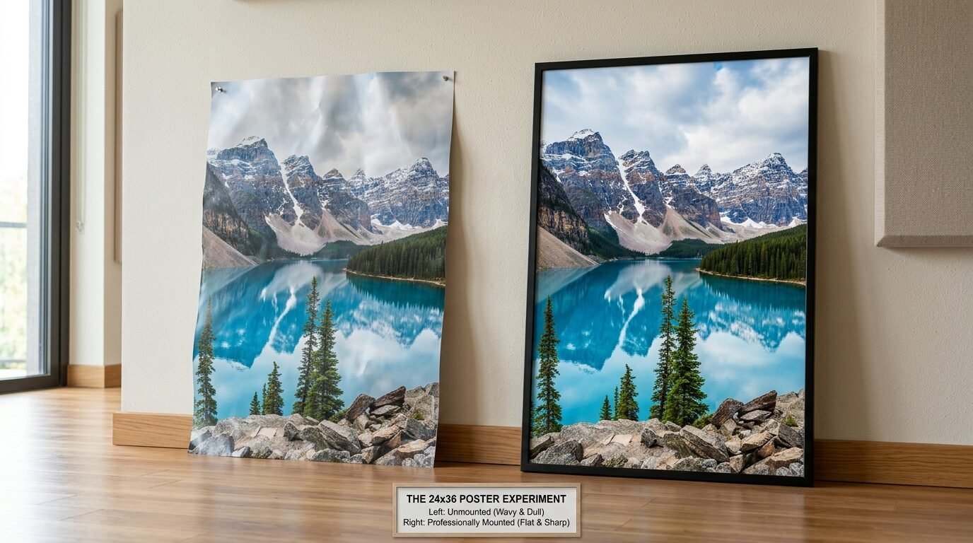 Comparison of a wrinkled paper poster next to a sharp, professionally framed mountain landscape photograph.