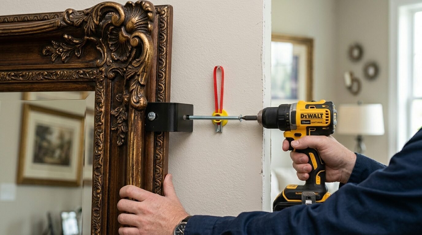 Close-up of hands using a yellow Dewalt power drill to mount a heavy wooden mirror frame to a wall.