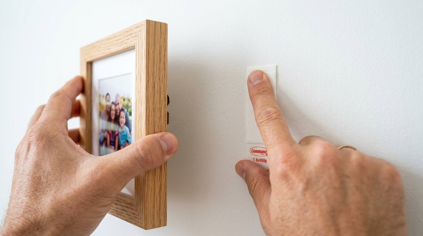 Close-up of hands applying a small adhesive mounting strip next to a wooden photo frame.