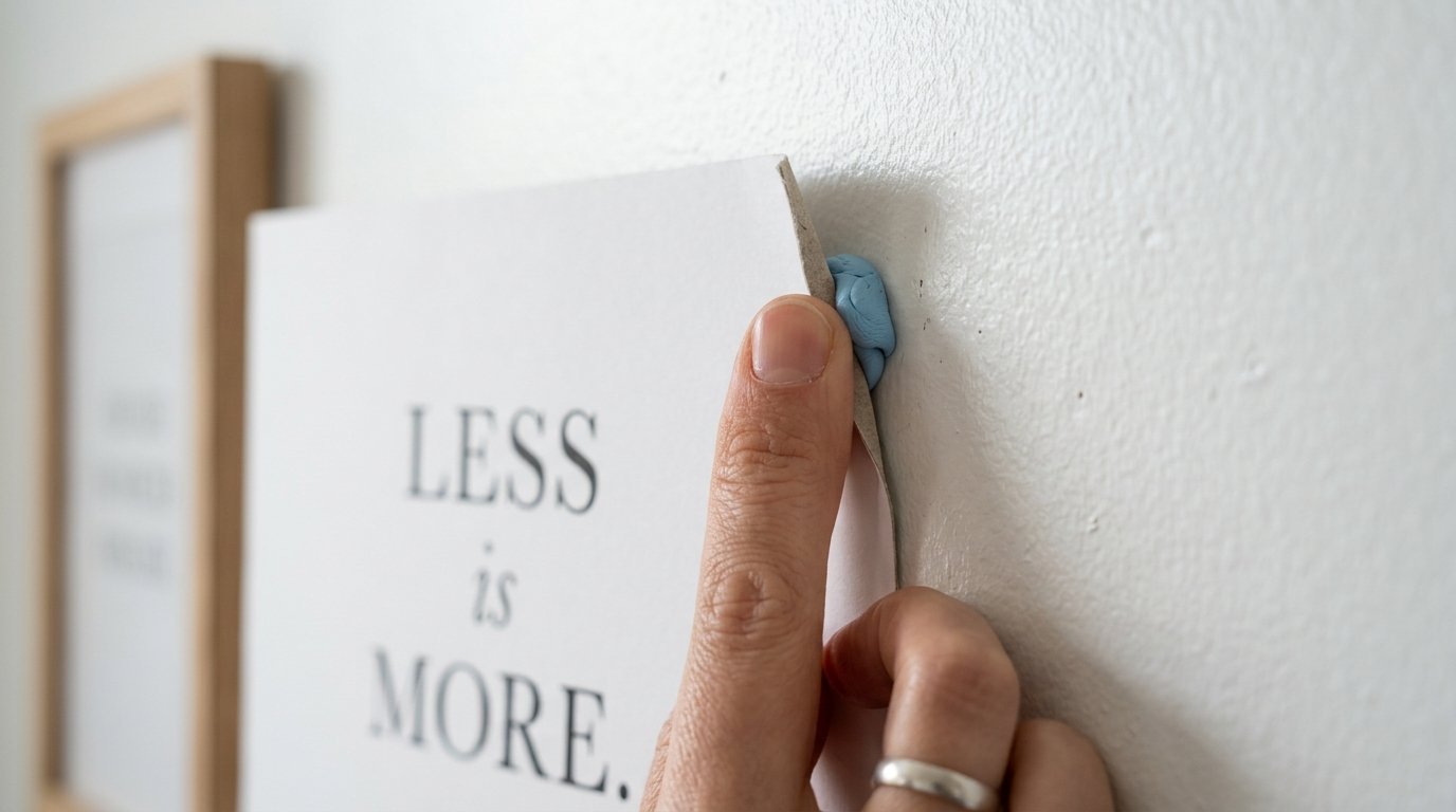 Close up of a finger pressing a piece of blue adhesive putty to stick a paper sign to a white painted wall.