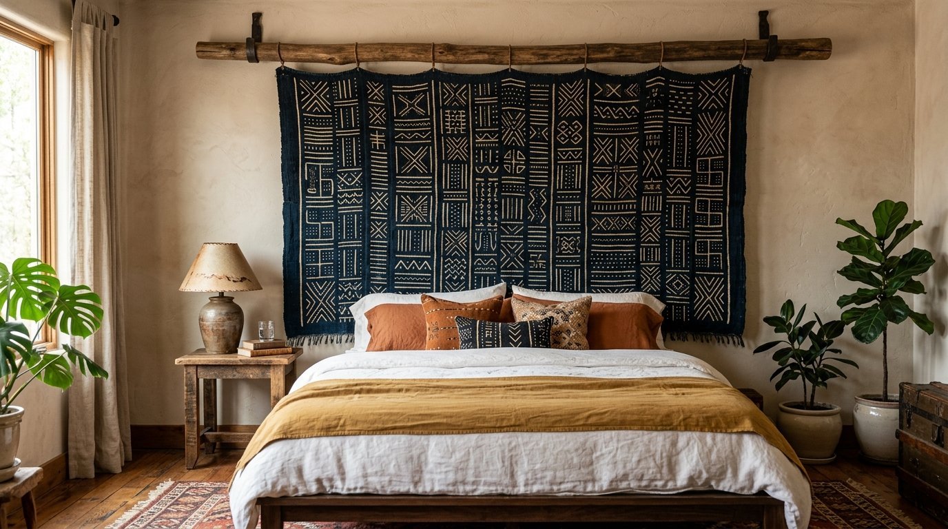 A rustic bedroom with a patterned indigo mudcloth textile hanging above the bed as a dramatic headboard.